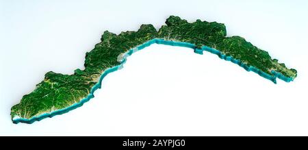 Vista satellitare della regione Liguria. Italia. rendering 3d. Mappa fisica della Liguria, pianure, montagne, laghi, catena montuosa delle Alpi Foto Stock