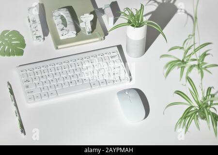 Sfondo concettuale con moderni accessori da ufficio in bianco, verde menta e marmo. Proiezione isometrica, layout geometrico con foglie esotiche. Notebook, s Foto Stock