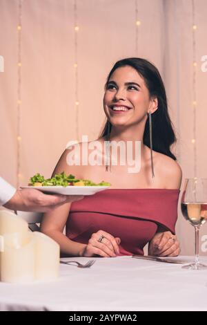 vista dal taglio corto del piatto porta cameriere con insalata fresca vicino a una ragazza allegra ed elegante Foto Stock