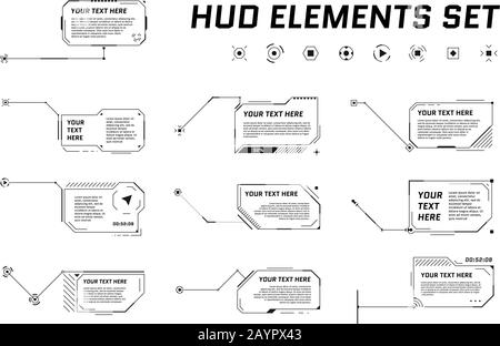 Titoli di callout futuristici HUD su sfondo bianco. Le barre delle frecce delle chiamate di informazioni e i moderni modelli di layout dei riquadri neri delle informazioni digitali. Interfaccia utente e insieme di elementi GUI. Illustrazione vettoriale Illustrazione Vettoriale