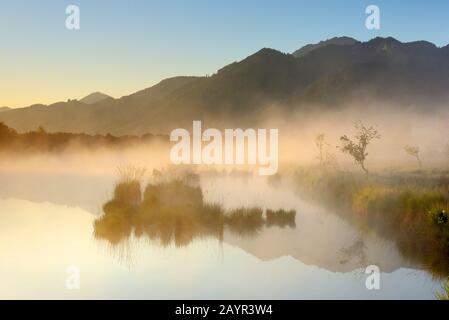 Riserva naturale Kendlmuehlfilzn all'alba in nebbia mattutina, Germania, Baviera, Grassau Foto Stock