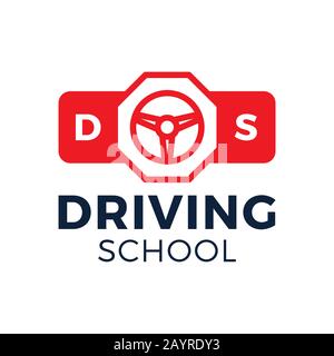 Logo vettore scuola guida. Ruota auto e logo stop Road. Formazione, veicolo, trasporto e trasporto, progettazione vettoriale e illustrazione Illustrazione Vettoriale