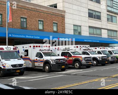 Diverse ambulanze parcheggiate di fronte all'ingresso di emergenza al Maimonides Medical Center di Brooklyn, New York. Foto Stock