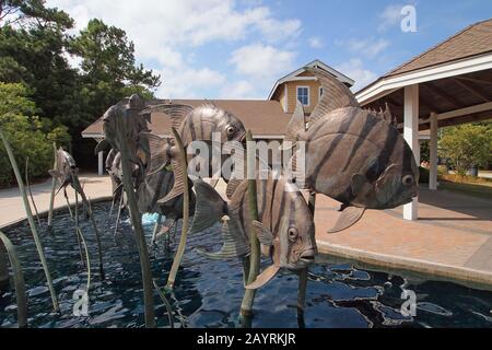 Roanoke Island, North Carolina - 5 agosto 2011 - Fontana e scultura della scuola di Spadefish all'ingresso del North Carolina Aquarium. Foto Stock