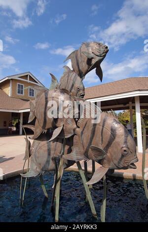 Roanoke Island, North Carolina - 5 agosto 2011 - Fontana e scultura della scuola di Spadefish all'ingresso del North Carolina Aquarium. Foto Stock