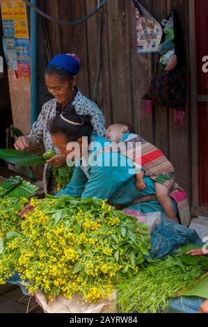 Una scena di strada con le donne che vendono il kale cinese ad un mercato in Phou Khoun, Laos. Foto Stock