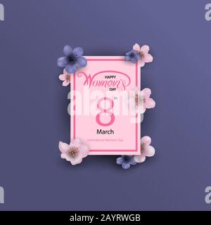 8 marzo segno e Abstract Rosa Floral biglietto d'auguri.International Happy Women's Day.8th di marzo sfondo vacanza con Cornice di fiori .Trendy Desi Illustrazione Vettoriale