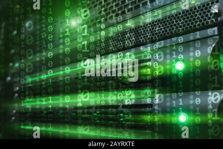 Green Binary matrice di codice digitale Internet concetto di tecnologia sullo sfondo della sala server. Foto Stock