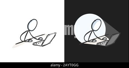 Studiare o lavorare su un notebook. Utilizzo del computer per i social media e Internet. Lavorare di notte. Luce schermo. Stickman. Disegnato a mano. Schizzo del doodle, Vect Illustrazione Vettoriale