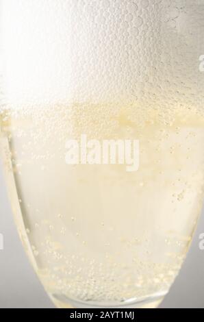Primo piano (macro) colpo di livello occhio di un bicchiere scanalato appena riempito di champagne, sormontato da bolle bianche ghiacciate. Foto Stock