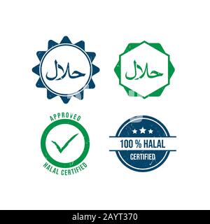 Set di immagini vettoriali con impronta halal e stampa in gomma. Grunge immagine vettoriale con simbolo di timbro in gomma Illustrazione Vettoriale