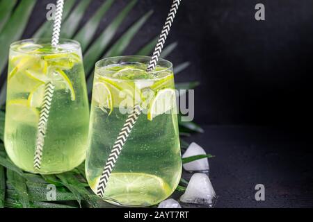Mojito in un grande vetro trasparente con foglie di lime e menta e cubetti di ghiaccio. Sullo sfondo sono rami di palma. Su uno sfondo di legno nero. Copia Foto Stock