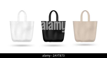 Set di mockup vettoriale per sacca in tessuto realistico. Bianco e nero e biege. Isolato su sfondo bianco. Illustrazione Vettoriale