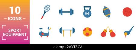 Attrezzature sportive icon set. Includere elementi creativi manubri, calcio, baseball, hockey, cyclette icone. Può essere utilizzato per il report Illustrazione Vettoriale