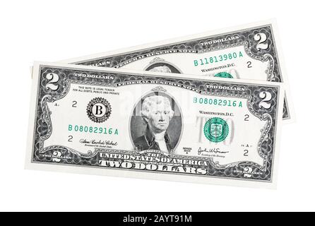 Stati Uniti due dollari bollette su uno sfondo bianco. Foto Stock