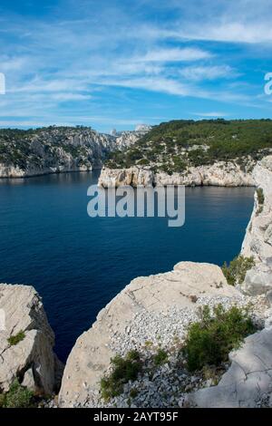 Vista della Calanque de Port-Pin nel Parco Nazionale Calanques vicino alla città di Cassis in Provenza, Francia. Foto Stock