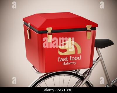 Custodia per il trasporto di fast food caricata su una bicicletta. Figura 3D. Foto Stock