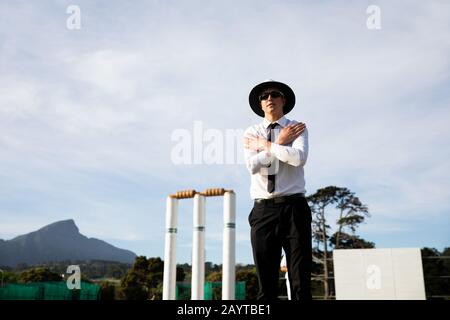 Cricket umpire facendo segni in piedi su un campo di cricket Foto Stock