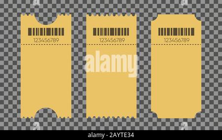 Biglietti vuoti mockup per l'ingresso al concerto. Set di modelli ticket vuoti isolati su sfondo trasparente. Vettore Illustrazione Vettoriale