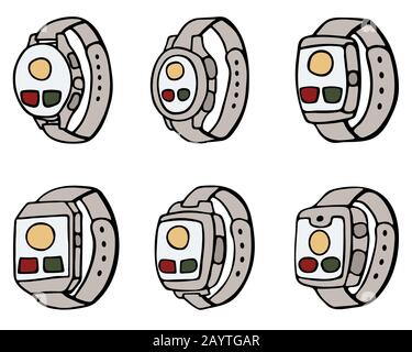 set di smart watch fitness tracker con cardiofrequenza, design vettoriale con doodle cartoon. Moderno ed elegante dispositivo indossabile. Isola di sfondo bianco Illustrazione Vettoriale