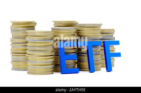 ETF - Exchange Traded funds - acronimo di fronte a pile di monete su sfondo bianco - 3D illustrazione Foto Stock