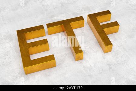 ETF - Exchange Traded funds - acronimo in lettere dorate su sfondo concreto - illustrazione 3D Foto Stock