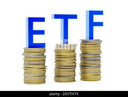 ETF - Exchange Traded funds - acronimo su pile di monete su sfondo bianco - 3D illustrazione Foto Stock