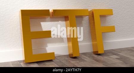 ETF - Exchange Traded funds - acronimo in lettere dorate appoggiato contro la parete bianca sul fondo marrone del pavimento di legno - illustrazione 3D Foto Stock