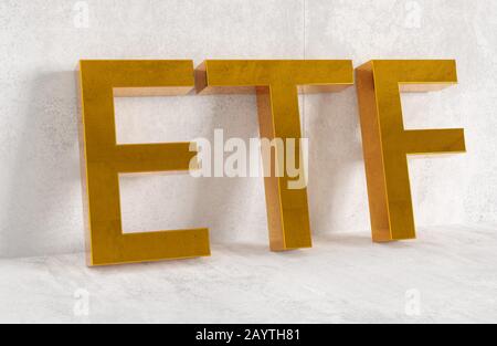 ETF - Exchange Traded funds - acronimo in lettere dorate appoggiato contro il muro di cemento sullo sfondo bianco del pavimento in legno - 3D illustrazione Foto Stock
