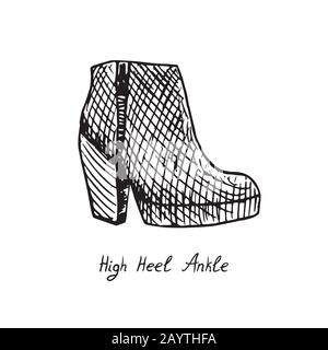 Caviglia con tacco alto, contorno disegnato a mano isolato, disegno, illustrazione in bianco e nero con iscrizione Foto Stock
