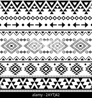 Modello vettoriale senza giunture Aztec geometrico tribale, disegno ripetitivo Navajo in motivo nero su sfondo bianco Illustrazione Vettoriale