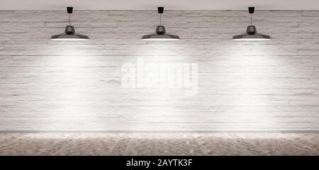 Camera vuota con tre lampade retrò appese al soffitto con pavimento in legno marrone e retro in mattoni bianchi con spazio copia - galleria o architettura te Foto Stock