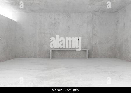 Abstract vuoto, moderna sala in cemento con luce dalla finestra di luce del cielo e panca in cemento sul retro - modello industriale di sfondo interno, 3D Foto Stock