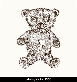 Orsacchiotto di stile retrò con patch a forma di cuore, disegno a mano di doodle, illustrazione a contorno isolato Foto Stock
