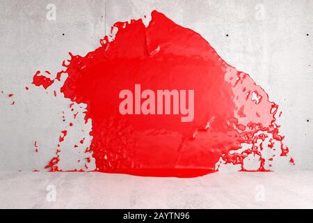Vernice rossa splash su astratto vuoto, moderno muro di stanza in cemento con spazio di copia - illustrazione 3D Foto Stock