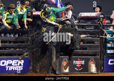 Arlington, Texas, Stati Uniti. 16th Feb 2020. Brady Fielder (AUS) corre bull Night Hawk durante la Coppa Globale PBR USA, domenica, 16 febbraio 2020, ad Arlington, Texas, Stati Uniti. (Foto Di Ios/Espa-Images) Credito: Agenzia Fotografica Europea Per Lo Sport/Alamy Live News Foto Stock