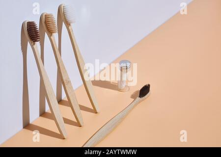 Spazzolini da denti in legno con filo interdentale. Il concetto di riciclaggio dei rifiuti e zero rifiuti. 3D sfondo chiaro con spazio di copia. Foto Stock