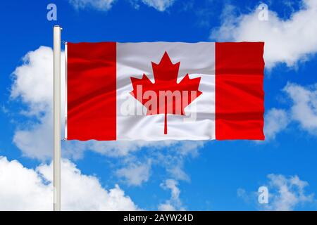Bandiera del Canada di fronte al cielo nuvoloso blu, Canada Foto Stock