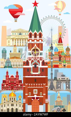 Illustrazione del viaggio verticale dello skyline di Mosca con i principali punti di riferimento architettonici in stile piatto. Luoghi di interesse della città di Mosca, turismo e soggiorno colorati in russia Illustrazione Vettoriale