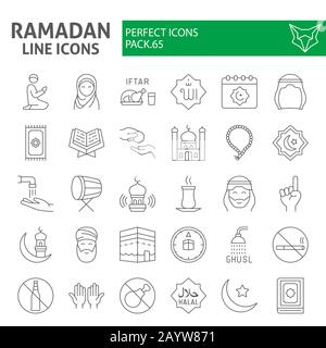 Set di icone a linea sottile Ramadan, collezione di simboli per le festività islamiche, schizzi vettoriali, illustrazioni di logo, icone islamiche, pittogrammi lineari di segni giornalieri musulmani Illustrazione Vettoriale