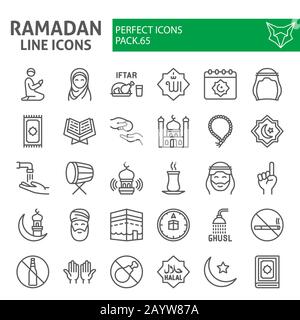 Set di icone della linea Ramadan, collezione di simboli per le festività islamiche, schizzi vettoriali, illustrazioni di logo, icone islamiche, pittogrammi lineari dei segni dei giorni musulmani Illustrazione Vettoriale