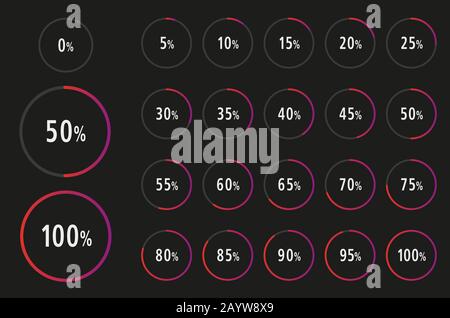 Set di cerchi 0-100 Diagramma Percentuale pronto per l'uso per infografica, web design e UX, UI - Vector Illustration Illustrazione Vettoriale