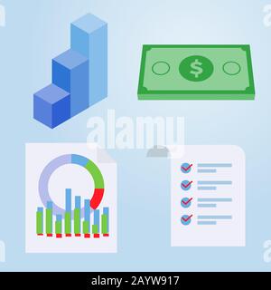 Set di un'icona business flat, grafico, denaro, infografica, documento, disegno vettoriale Flat design Illustration Illustrazione Vettoriale