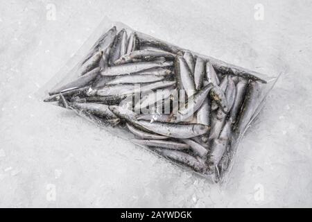 Primo piano di un sacchetto di plastica con piccoli pesci di mare. Sardine congelate. Pezzi di ghiaccio. Mercato del pesce. Foto Stock