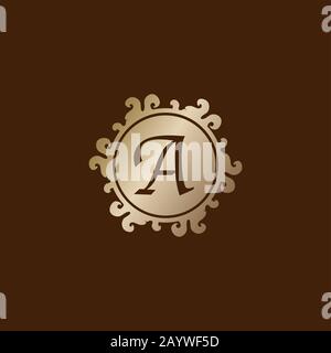 Lettera A Logo Decorativo Alfabetico Isolato Su Sfondo Marrone, Elegante Concetto Curl & Floral Logo, Gold Initial Abjad Logo Design Template Illustrazione Vettoriale