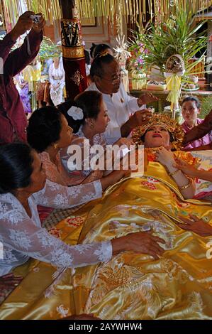 Una donna Balinese è guidata attraverso un rituale dei denti di taglio. Il taglio dei denti e' un tradizionale rituale Balinese come segno della maturità di una donna Balinese. Foto Stock