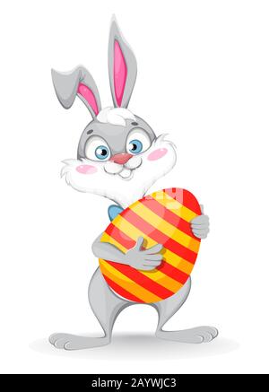 Buona Pasqua. Divertente coniglio cartone animato contiene uova di grande colore. Immagine del vettore stock su sfondo bianco Illustrazione Vettoriale