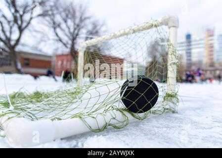 Il disco di hockey in goal allo stadio Foto Stock