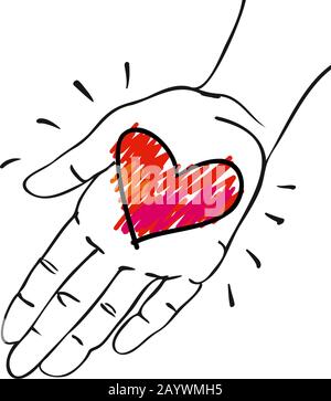 Dia via il suo cuore - Mano con cuore-rosa rosso-illustrazione del vettore disegnata a mano per le bandiere, le schede Illustrazione Vettoriale