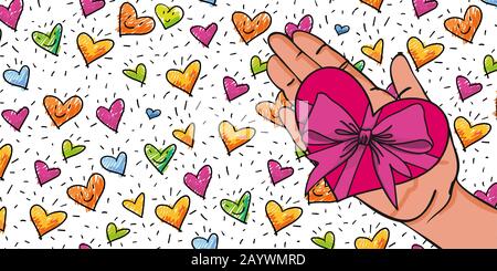 Regala il suo cuore - Mano con cuore decorativo rosso-rosa a forma di cuore presente con grande nastro e cuori in sfondo - mano-disegnato illustrazione vettoriale Illustrazione Vettoriale